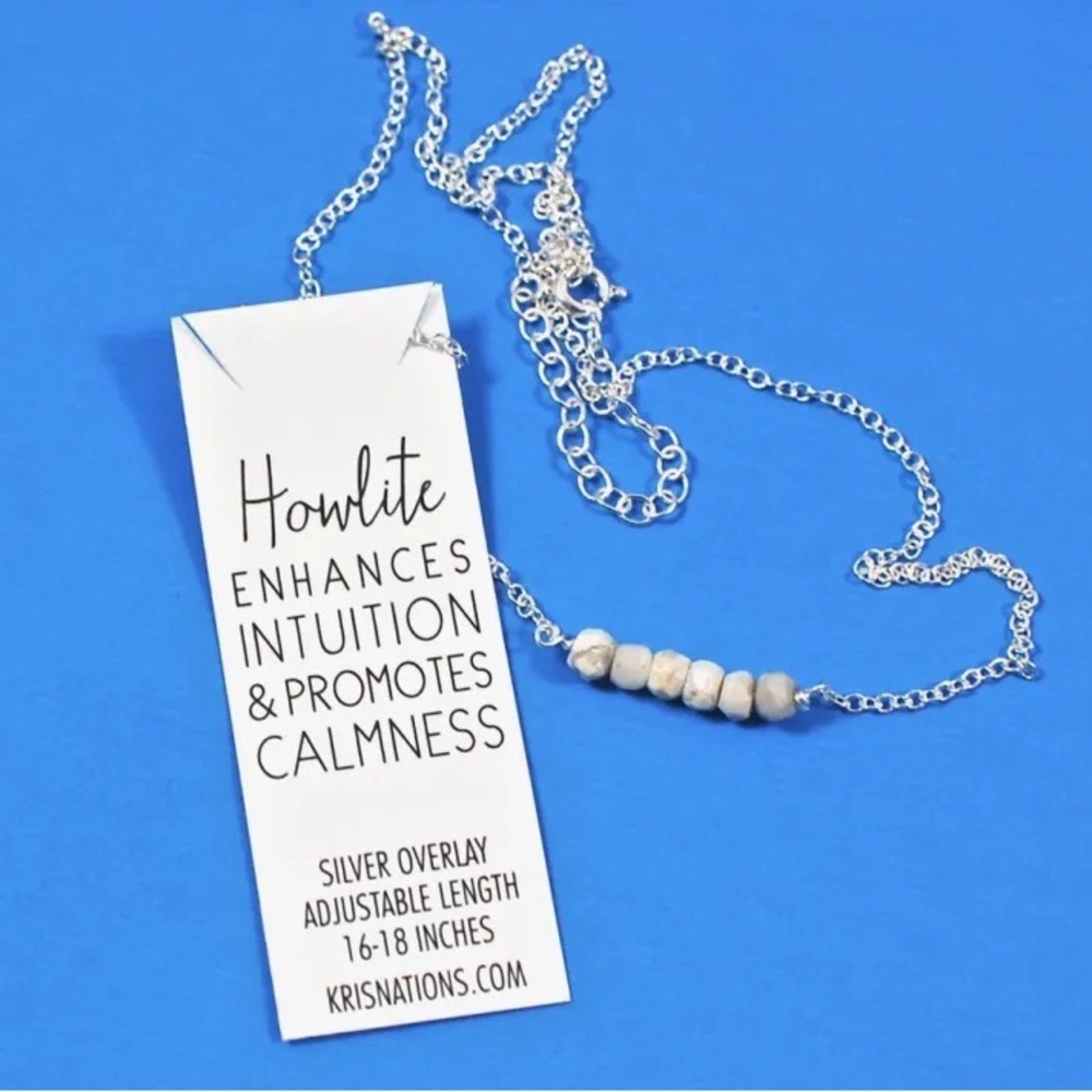 Kris Nations mystic bar necklace in “Howlite” 18”. Silver overlay